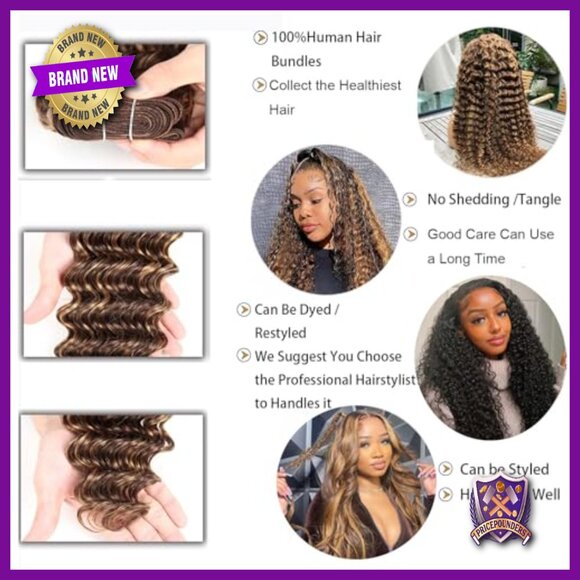 Deep Wave Human Hair Bundles with Lace Closure, 14-20+14 Inch Lengths